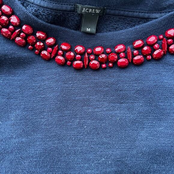 J. Crew women's size M crewneck sweatshirt, navy with red beadwork around neck. - Picture 1 of 4